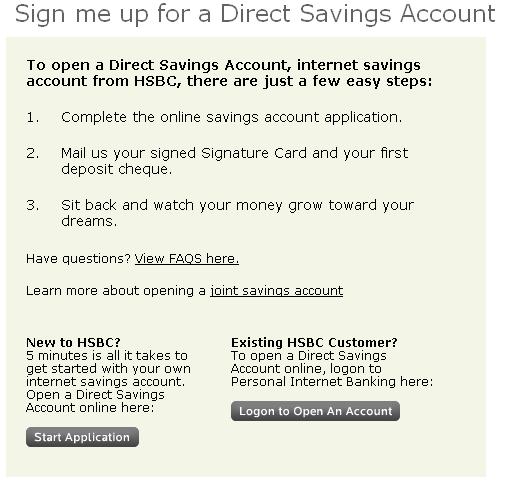 Sign up page HSBC Direct